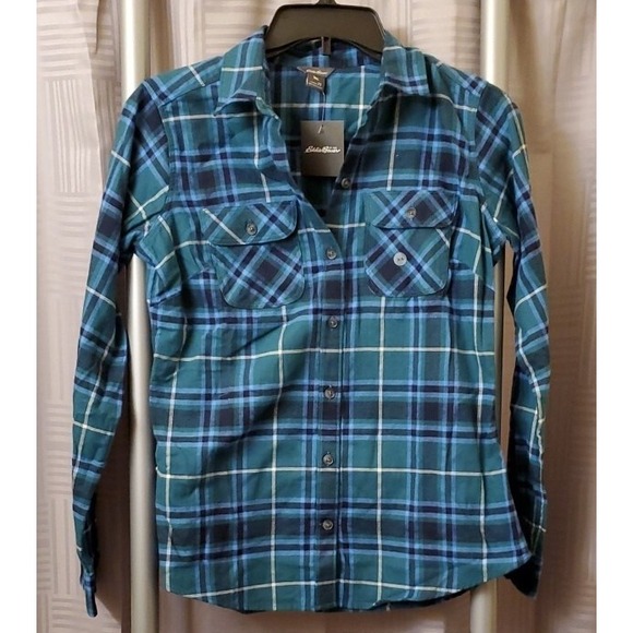 Eddie Bauer Green Blue Plaid 100% Cotton Long Sleeve Forest Flannel Womens XS - Picture 4 of 6